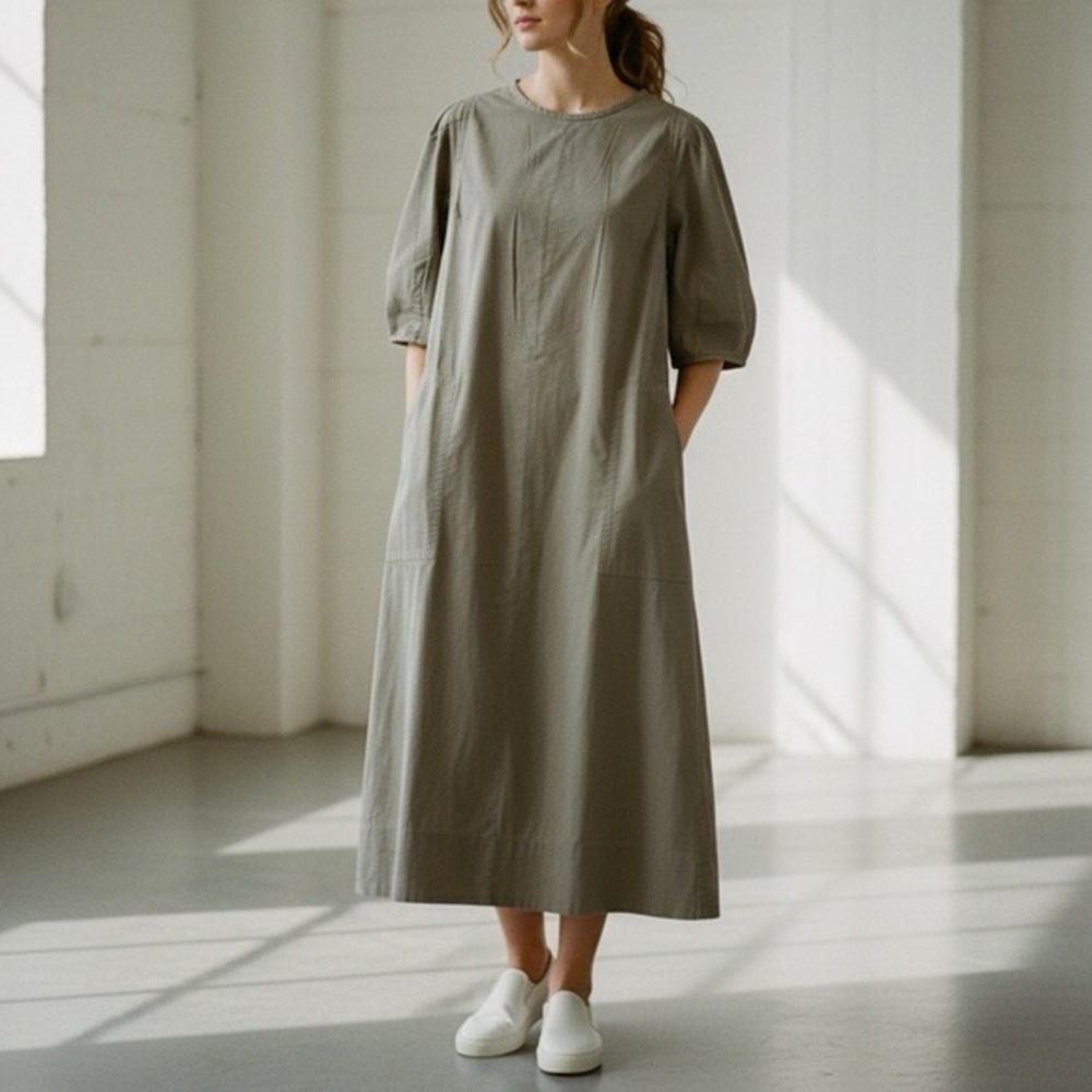 EVERLANE The Short-Sleeve Puff Midi Dress Organic Cotton M NWOT